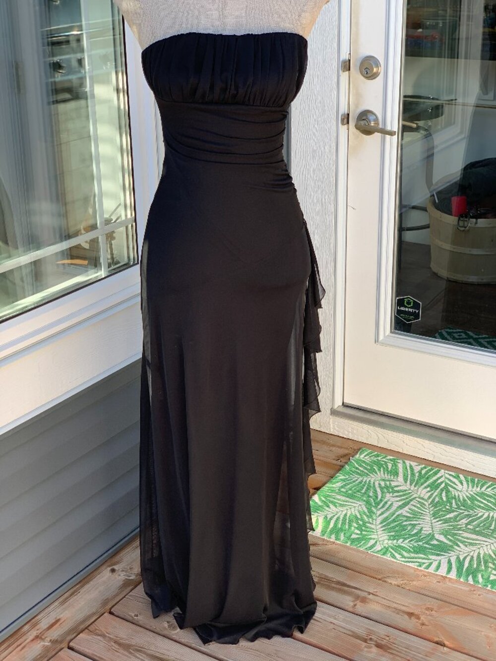 Vtg Y2K Strapless Maxi Dress Gown S Black Sheer Ruffle Formal Evening Prom 90s